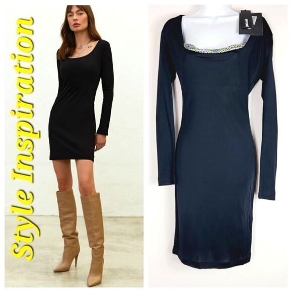Just Cavalli Black Square Neck Bodycon Dress Animal Print Neckline Size S NWT - Picture 1 of 14
